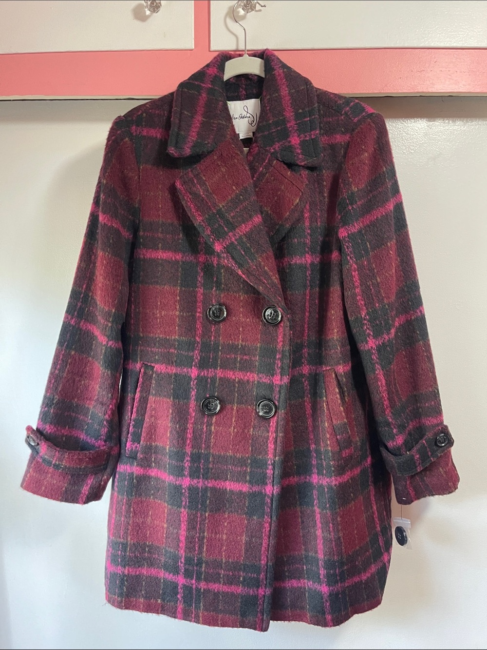 Sam Edelman Burgundy & Pink Plaid Double-Breasted Pea Coat